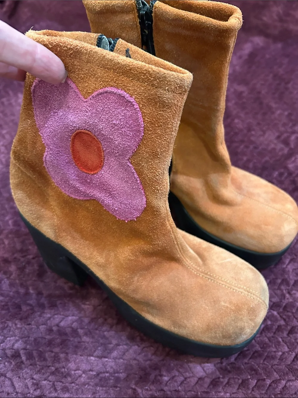 Halloween - Vintage Orange Suede Platform Ankle Boots with Pink Flower Accent